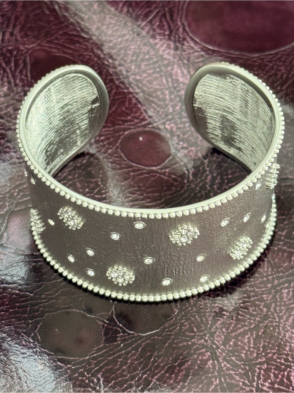 Sculptural Brushed Silver-Tone Crystal Floral Statement Cuff Bracelet